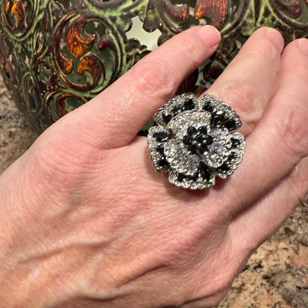 Nolan Miller Nm Brilliant Flower Cocktail Ring In Black & Clear Crystals -Size 7